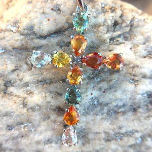 Genuine Sapphire .925 Cross Pendant Multicolor Sterling Silver Natural Fancy